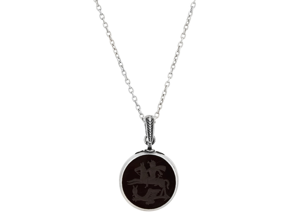 GURHAN, GURHAN Mens Sterling Silver Onyx Intaglio Pendant Necklace, 18mm Round