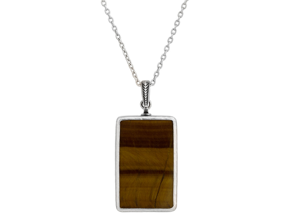 GURHAN, GURHAN Mens Sterling Silver Tigers Eye Pendant Necklace, 32x20mm Rectangle, Gold Accents