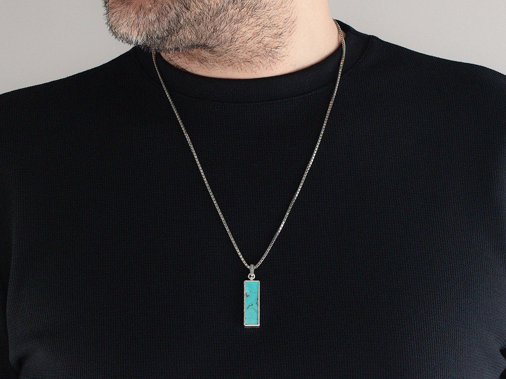 GURHAN, GURHAN Mens Sterling Silver Turquoise Pendant Necklace, 32x10mm Rectangle