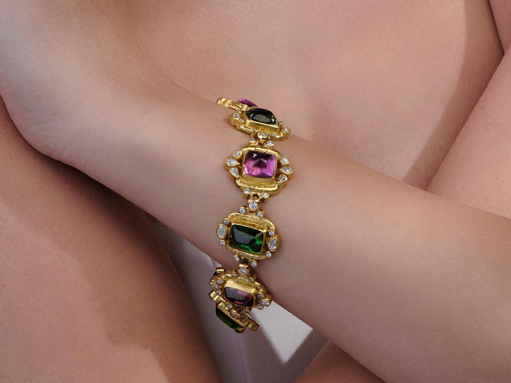 GURHAN, GURHAN Muse Gold Tourmaline All Around Single-Strand Bracelet, Mixed Cabochon Shapes set in Diamond Accent Frames