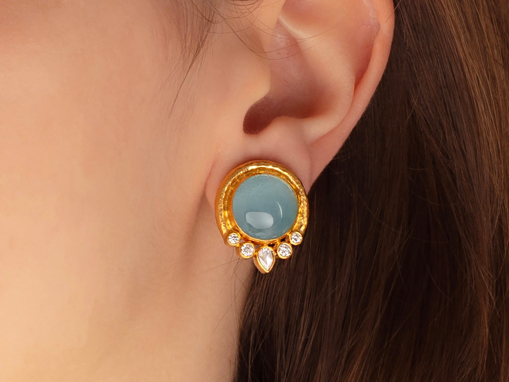 GURHAN, GURHAN Muse Gold Aquamarine Stud Earrings, 14mm Round set in Wide Frame