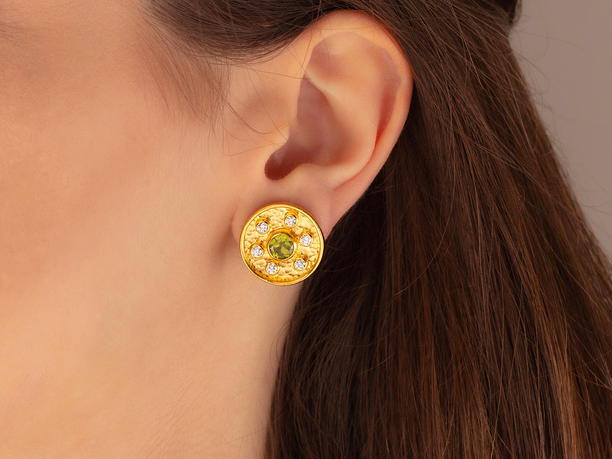 GURHAN, GURHAN Muse Gold Clip Post Stud Earrings, 18mm Round Medallion, Tourmaline and Diamond