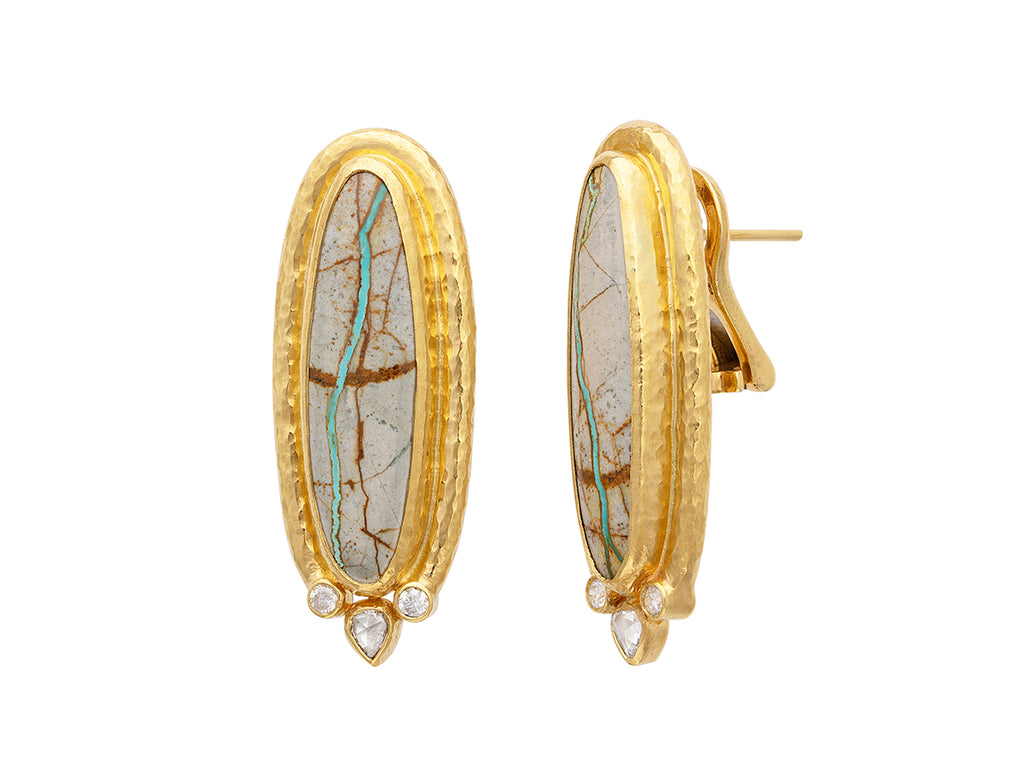 GURHAN, GURHAN Muse Gold Clip Post Stud Earrings, 30x8mm Oval set in Wide Frame, Turquoise and Diamond