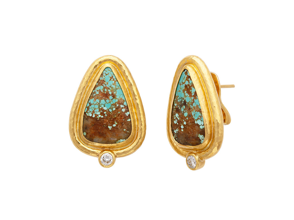 GURHAN, GURHAN Muse Gold Clip Post Stud Earrings, 20x13mm Teardrop set in Wide Frame, Turquoise and Diamond