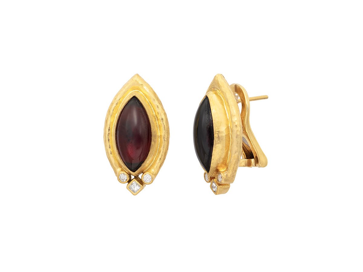 GURHAN, GURHAN Muse Gold Clip Post Stud Earrings, 16x8mm Marquise set in Wide Frame, with Garnet and Diamond