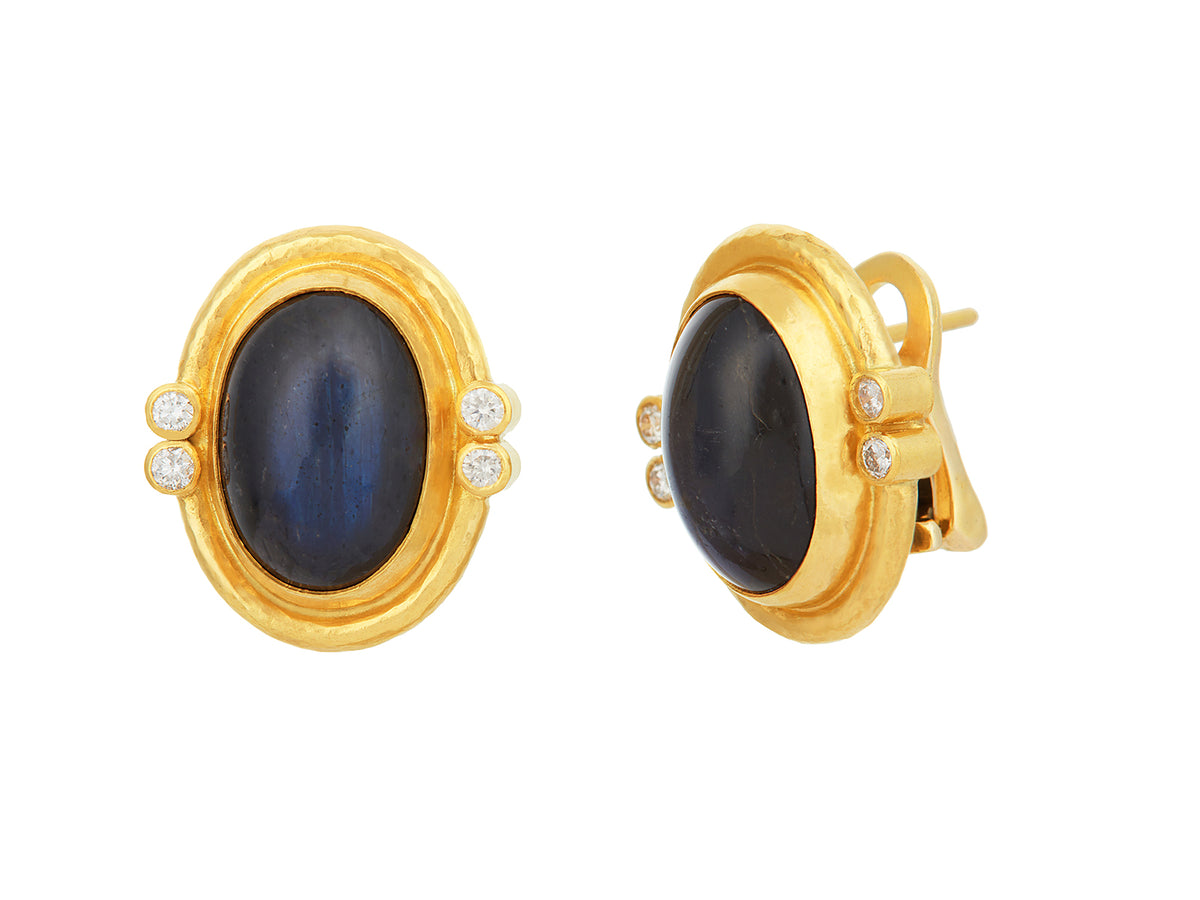 GURHAN, GURHAN Muse Gold Clip Post Stud Earrings, 15x11mm Oval set in Wide Frame, Labradorite and Diamond