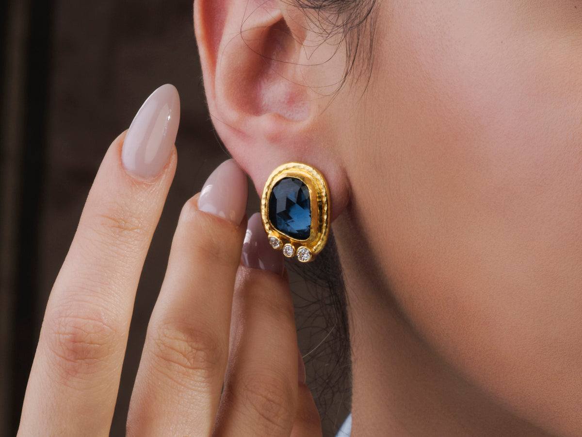 GURHAN, GURHAN Muse Gold Clip Post Stud Earrings, 15x12mm Amorphous set in Wide Frame, Topaz and Diamond