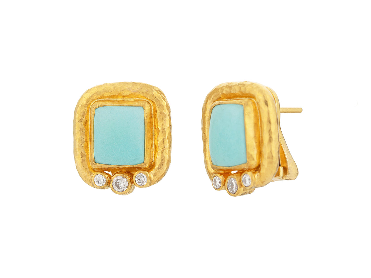 GURHAN, GURHAN Muse Gold Clip Post Stud Earrings, 10x9mm Rectangle set in Wide Frame, Turquoise and Diamond