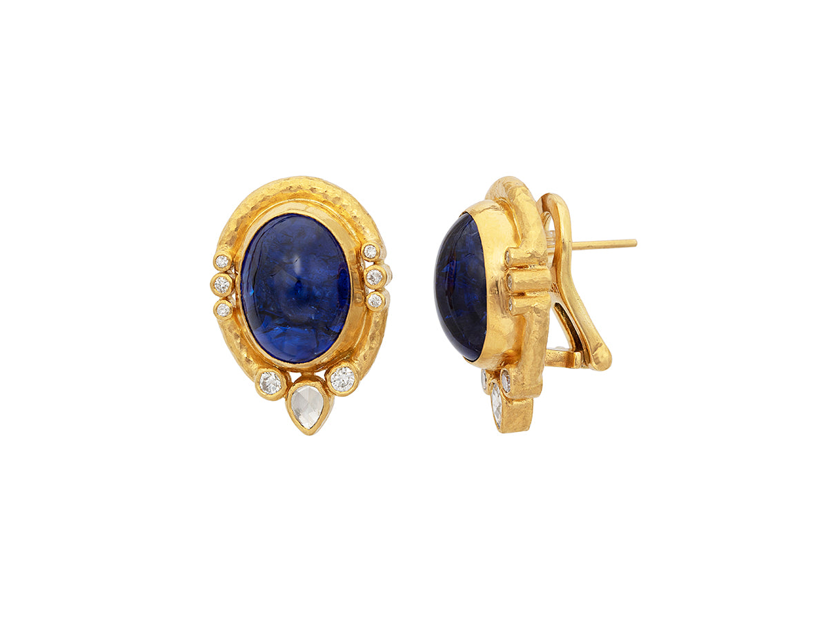 GURHAN, GURHAN Muse Gold Clip Post Stud Earrings, 16x12mm Oval set in Wide Frame, with Tanzanite and Diamond