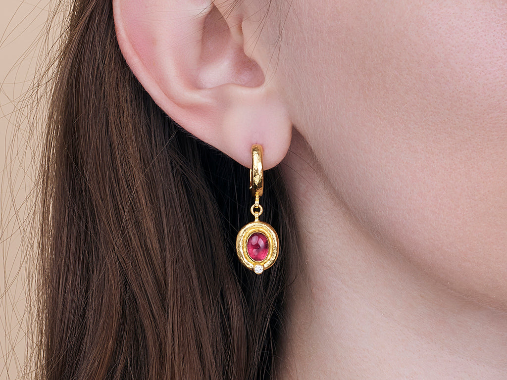 GURHAN, GURHAN Muse Gold Tourmaline Single Drop Earrings, 8x6mm Oval set in Wide Frame on Huggie Hoop