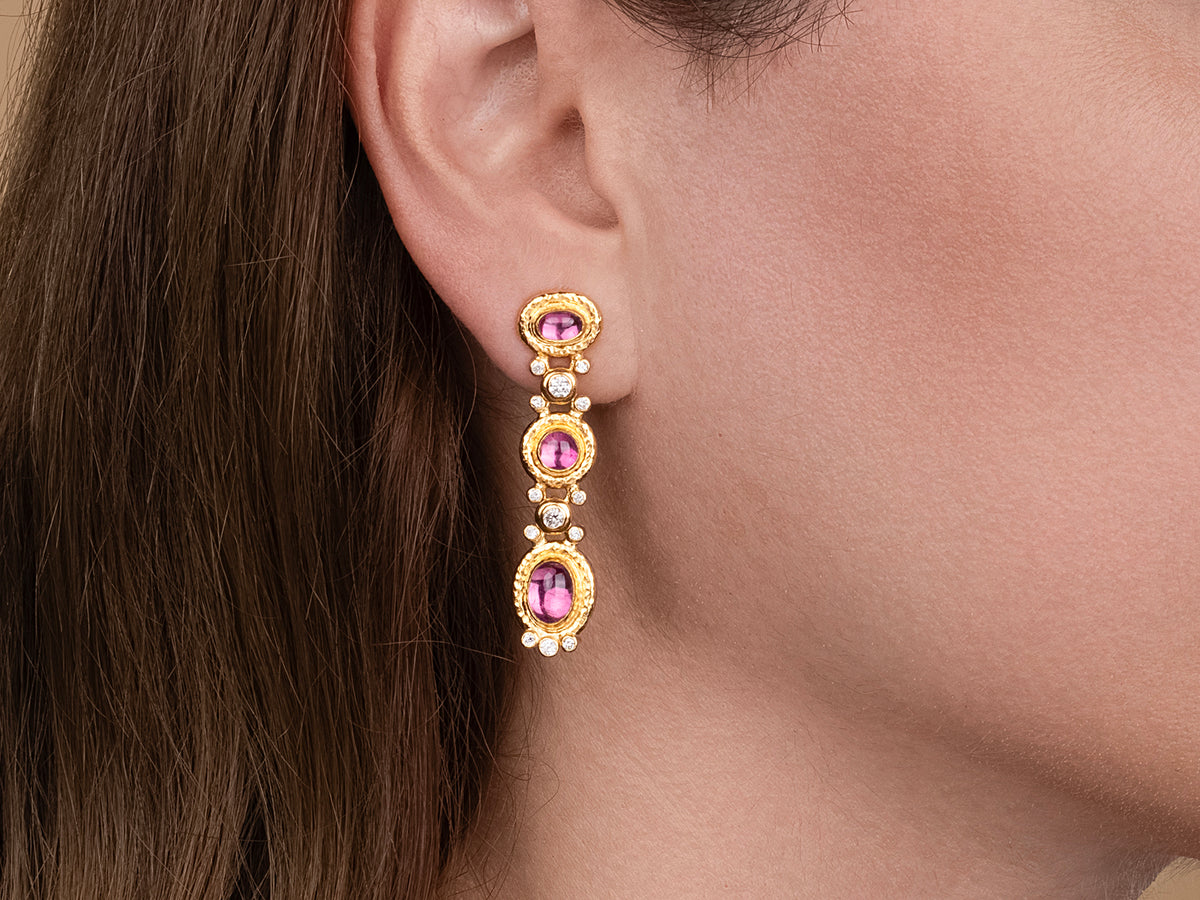 GURHAN, GURHAN Muse Gold Long Drop Earrings, Mixed Round and Oval Cabochon, Tourmaline and Diamond