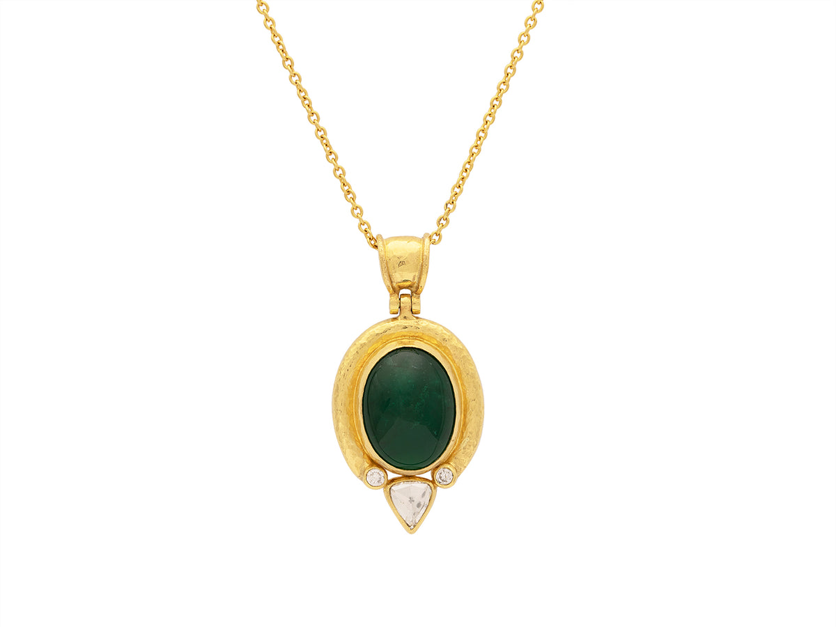 GURHAN, GURHAN Muse Gold Oval Pendant Necklace, 18x14mm Cabochon set in Wide Frame, with Emerald and Diamond