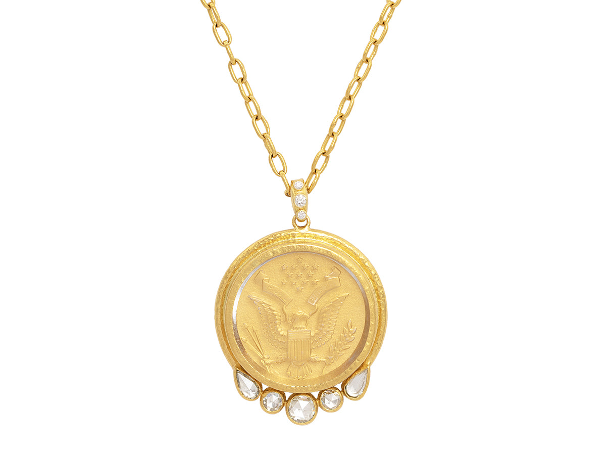 GURHAN, GURHAN Muse Gold Pendant Pendant Necklace, 35mm Round in Wide Frame, with Intaglio and Diamond