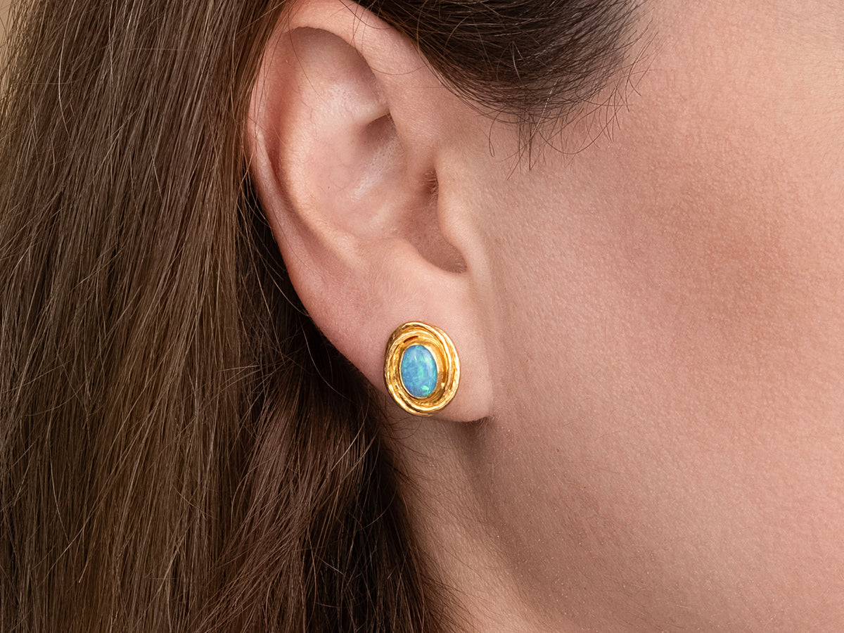 GURHAN, GURHAN Muse Gold Post Stud Earrings, 8x6mm Oval Set in Twisted Wire Frame, Opal