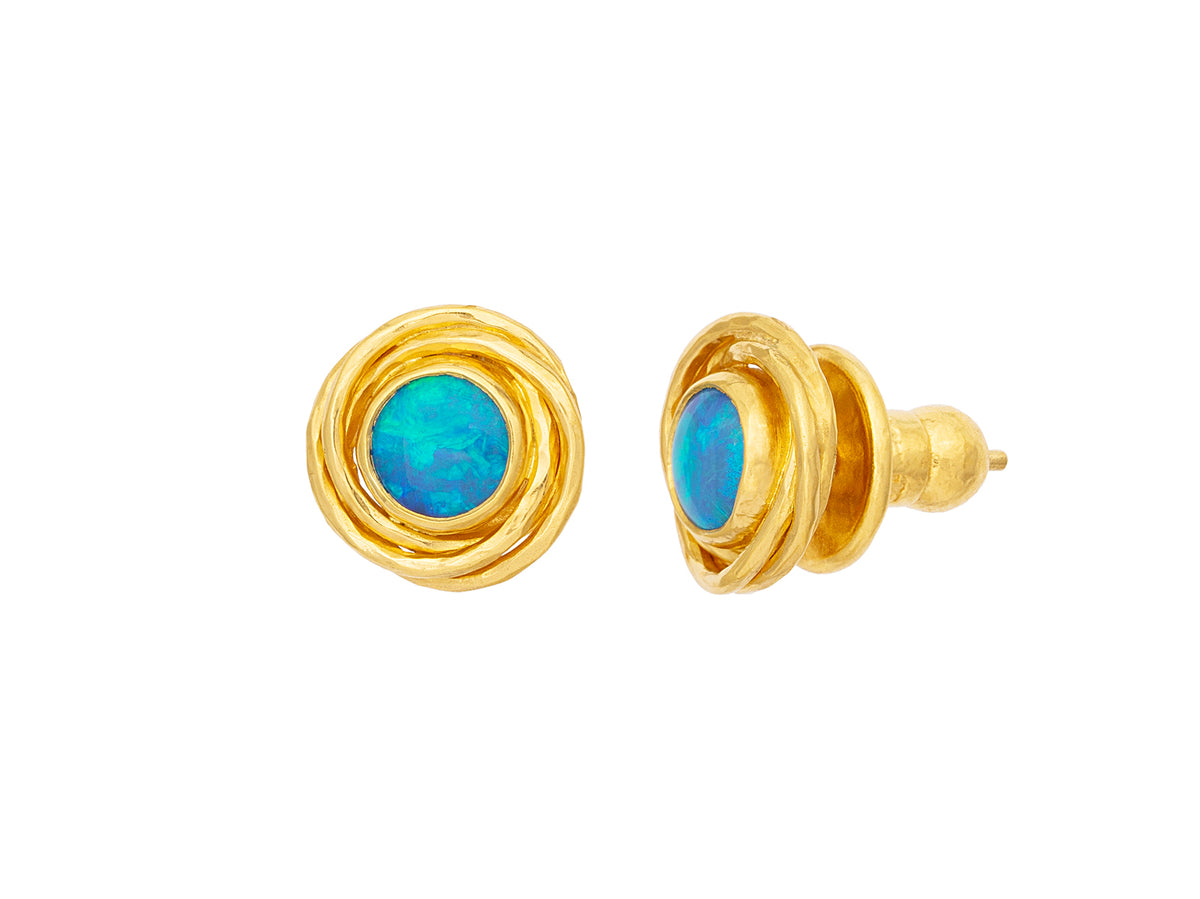 GURHAN, GURHAN Muse Gold Post Stud Earrings, 6mm Round set in Twisted Frame, Opal