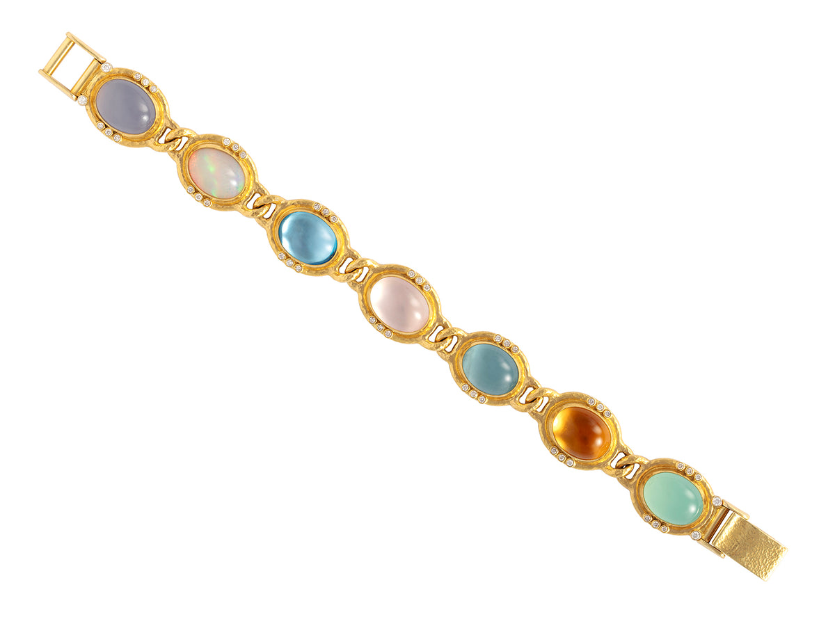 GURHAN, GURHAN Muse Gold Single-Strand Link Bracelet, Oval Set in Wide Frame, Mixed Pastel Stones