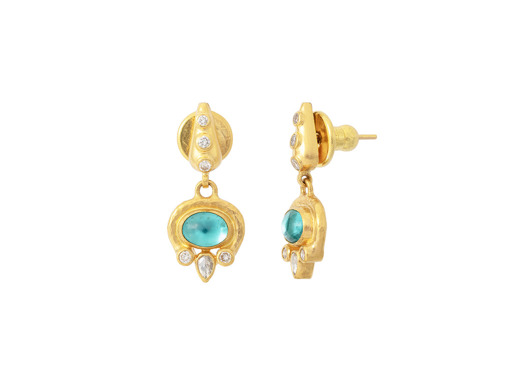 GURHAN, GURHAN Muse Gold Single Drop Earrings, 8x6mm Oval set in Wide Frame, Post Top, with Apatite and Diamond