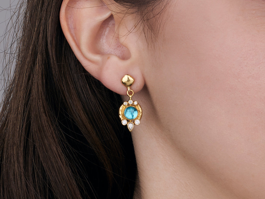 GURHAN, GURHAN Muse Gold Single Drop Earrings, 7mm Round set in Wide Frame, Post Top, Apatite and Diamond