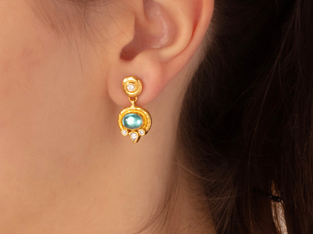 GURHAN, GURHAN Muse Gold Single Drop Earrings, 8x6mm Oval set in Wide Frame, Hoop Post Top, Apatite and Diamond