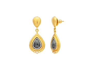 GURHAN, GURHAN Muse Gold Black and White Diamond Single Drop Earrings, Teardrop set in Wide Frame