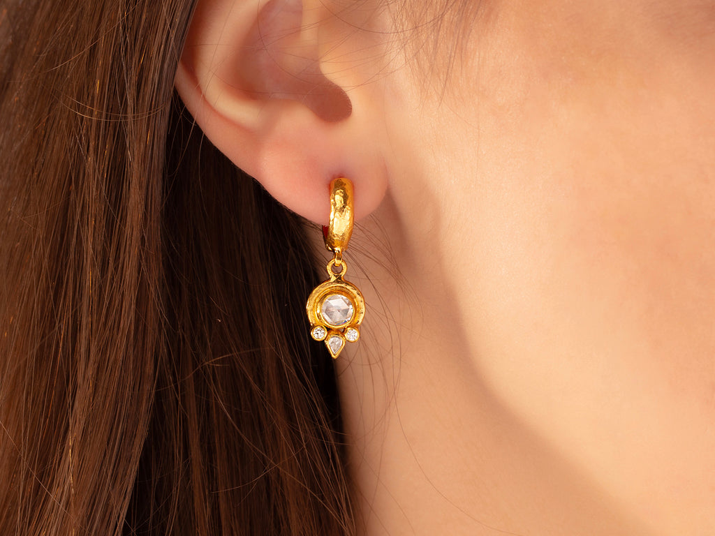 GURHAN, GURHAN Muse Gold Single Drop Earrings, 6mm Round set in Wide Frame, Diamond