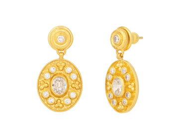 GURHAN, GURHAN Muse Gold Diamond Single Drop Earrings, 19x16mm Oval Medallion on Post Top