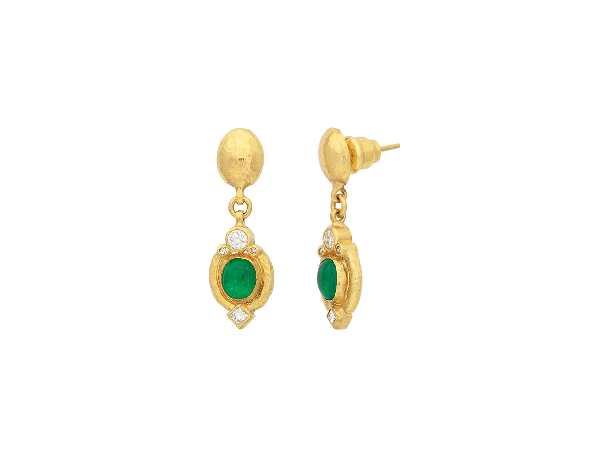 GURHAN, GURHAN Muse Gold Single Drop Earrings, 7x6mm Oval set in Wide Frame, Post Top, with Emerald and Diamond
