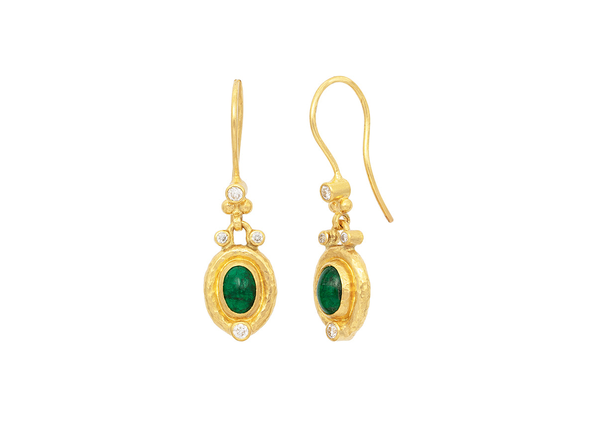 GURHAN, GURHAN Muse Gold Single Drop Earrings, 6.5mm Oval set in Wide Frame, with Emerald and Diamond
