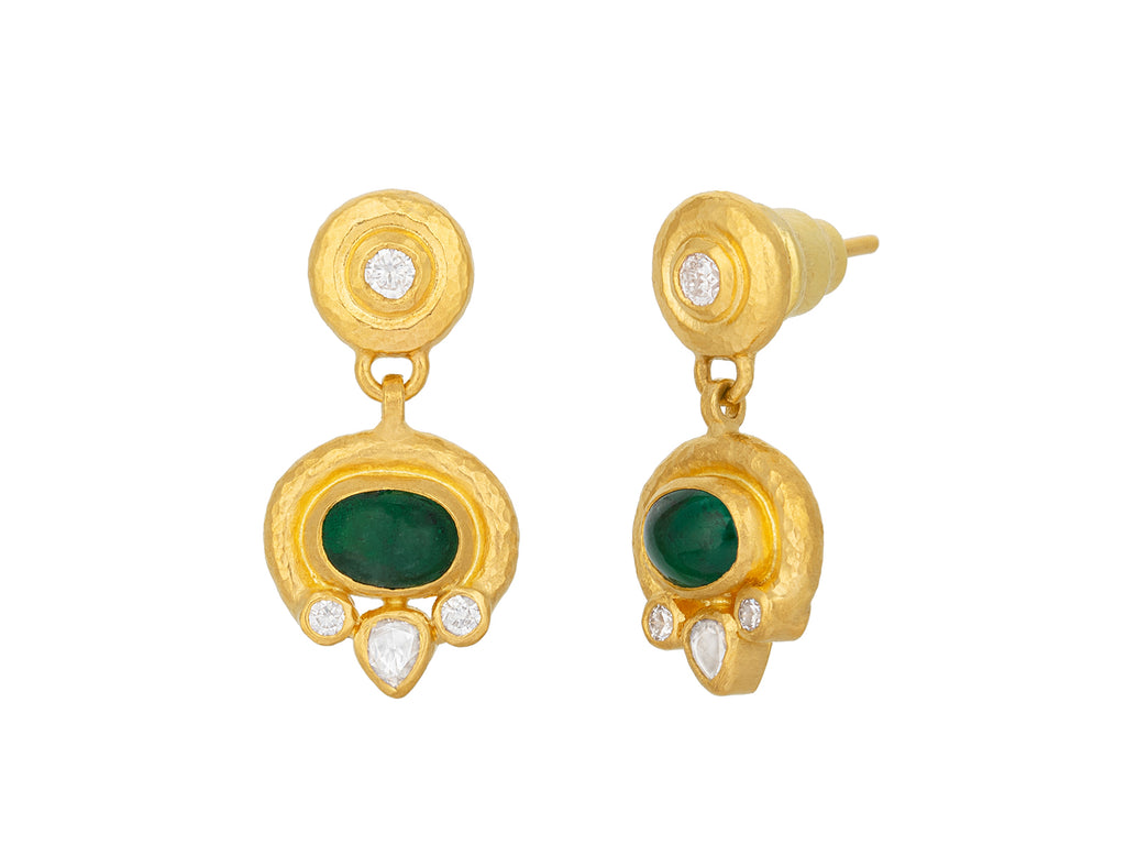 GURHAN, GURHAN Muse Gold Emerald Single Drop Earrings, 7x5mm Oval set in Wide Frame, Post Top