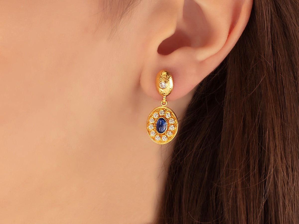 GURHAN, GURHAN Muse Gold Single Drop Earrings, 14x12mm Oval Medallion, Kyanite and Diamond