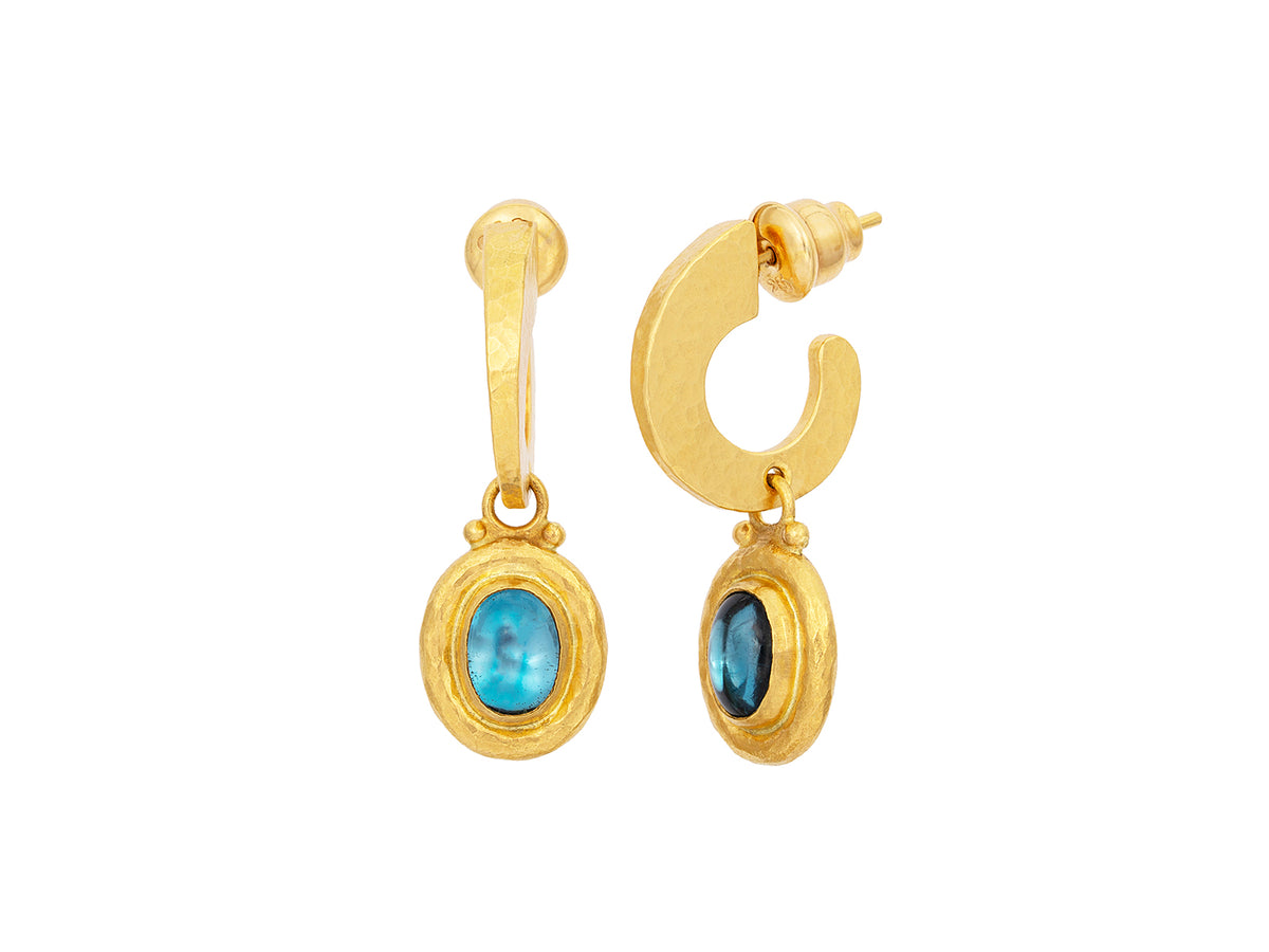 GURHAN, GURHAN Muse Gold Single Drop Earrings, 8x6mm Oval set in Wide Frame, Hoop Post, Topaz