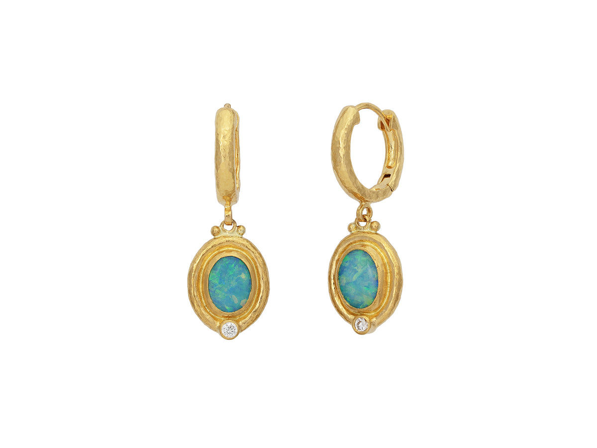 GURHAN, GURHAN Muse Gold Single Drop Earrings, 9x7mm Oval set in Wide Frame, Hoop Top, Opal and Diamond