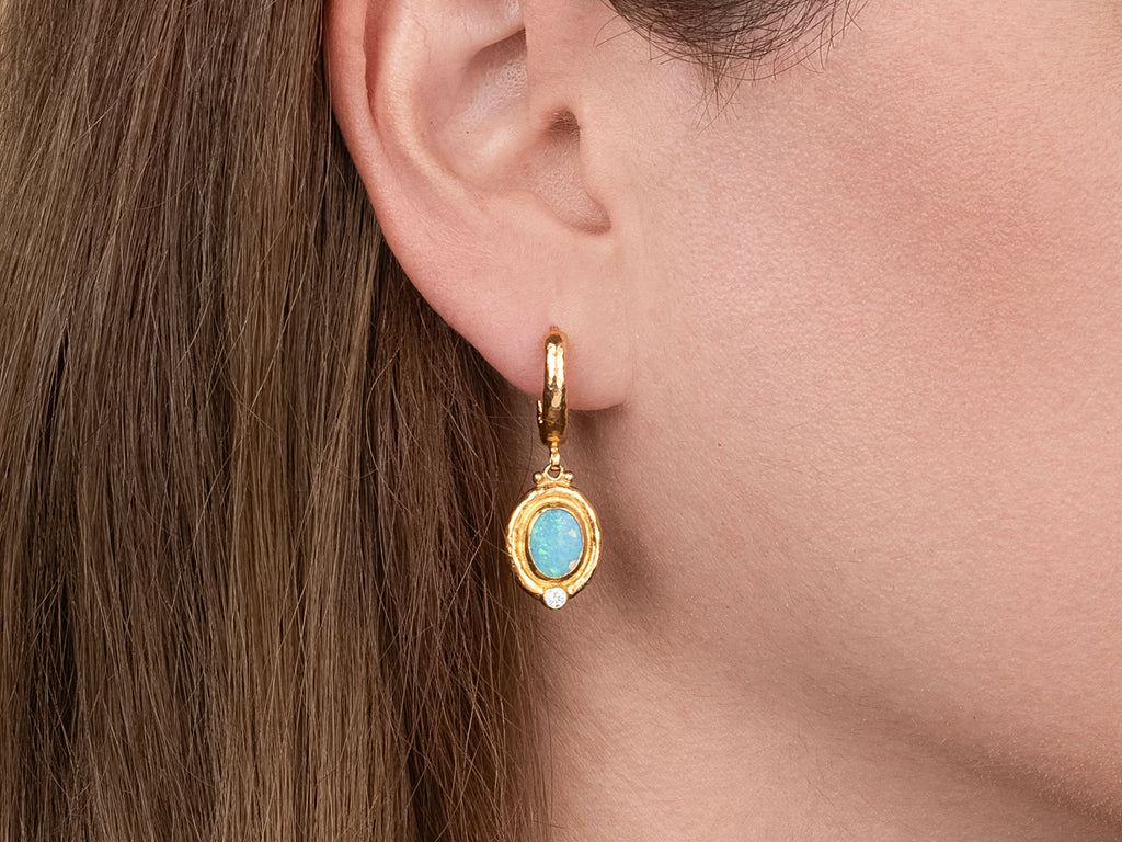 GURHAN, GURHAN Muse Gold Opal Single Drop Earrings, 9x7mm Oval set in Wide Frame, Hoop Top