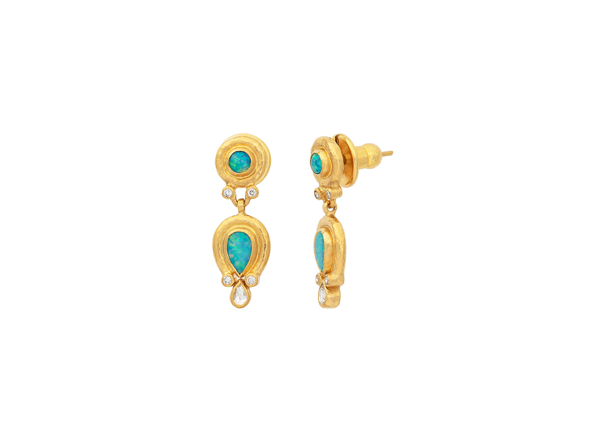 GURHAN, GURHAN Muse Gold Single Drop Earrings, Round and Teardrop set in Wide Frame, with Opal and Diamond