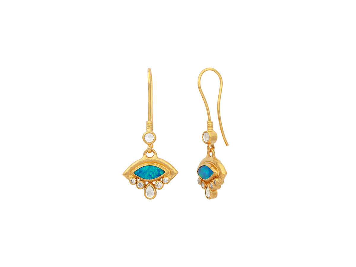 GURHAN, GURHAN Muse Gold Single Drop Earrings, 10x5mm Marquise set in Wide Frame, Wire Hook, with Opal and Diamond