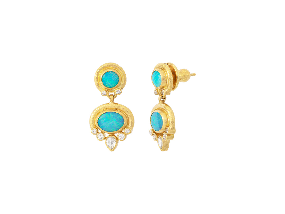 GURHAN, GURHAN Muse Gold Single Drop Earrings, Round and Oval set in Wide Frame, with Opal and Diamond