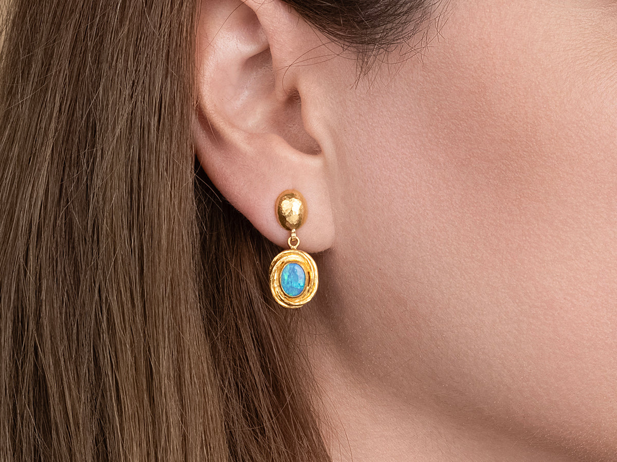 GURHAN, GURHAN Muse Gold Single Drop Earrings, 8x6mm Oval set in Twisted Wire Frame, Post Top, Opal