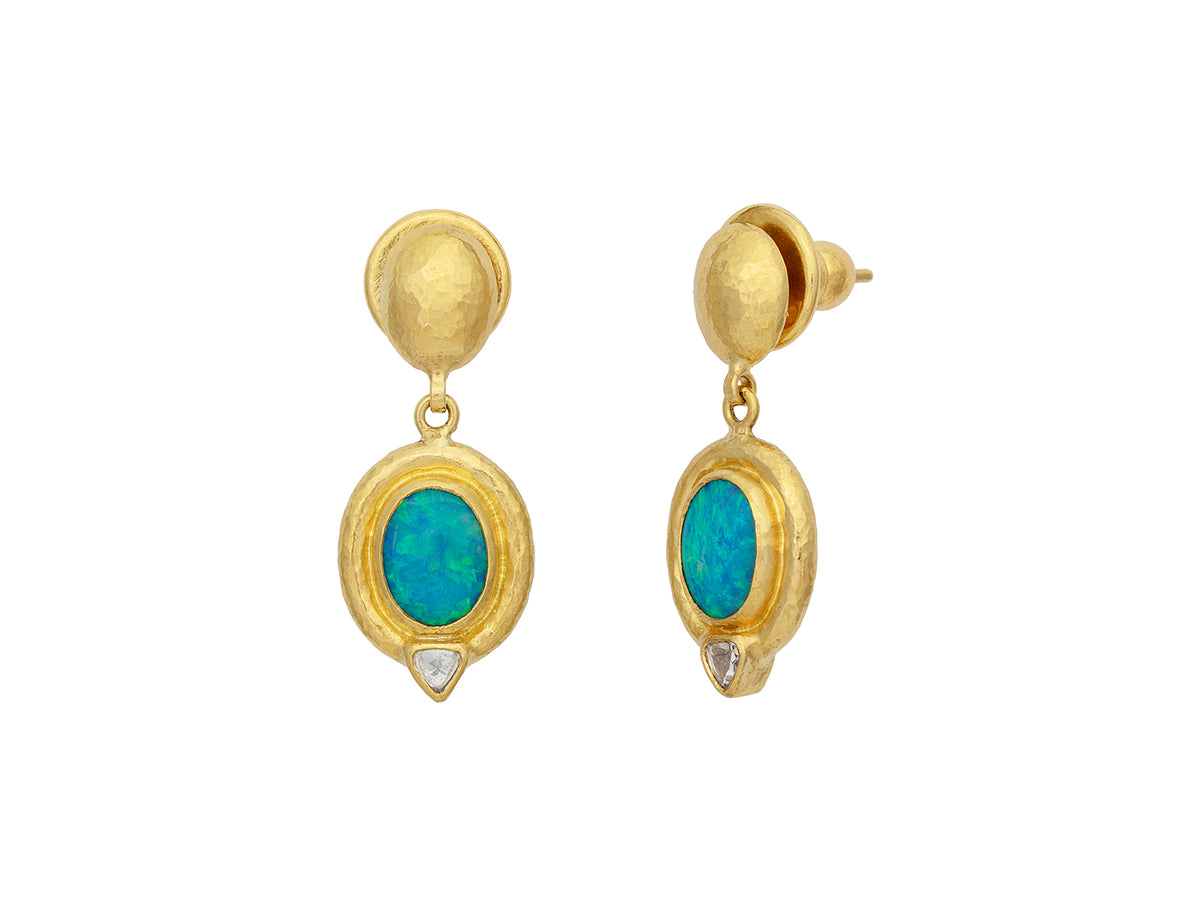 GURHAN, GURHAN Muse Gold Single Drop Earrings, 9x7mm Oval set in Wide Frame, Post Top, Opal and Diamond