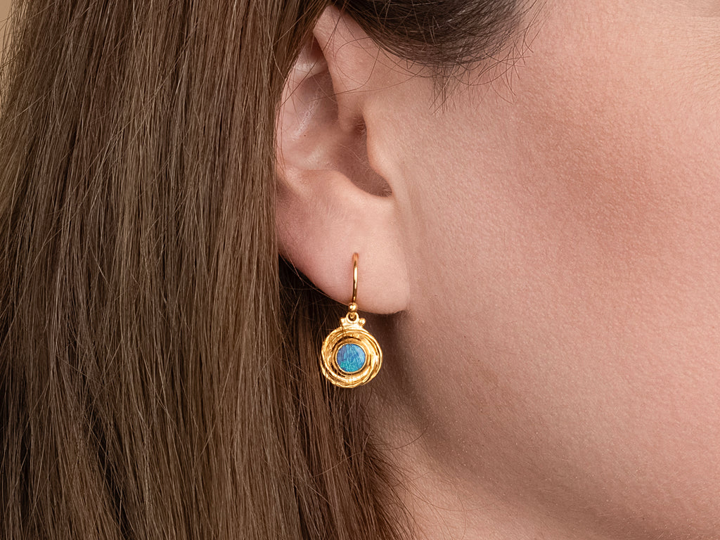 GURHAN, GURHAN Muse Gold Opal Single Drop Earrings, 6mm Round set in Twisted Frame, Wire Hook