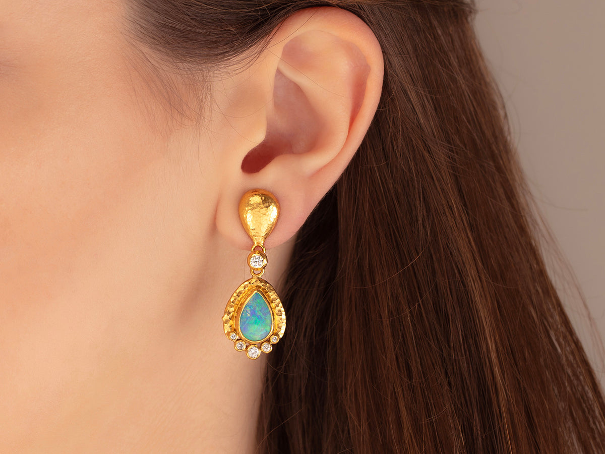 GURHAN, GURHAN Muse Gold Single Drop Earrings, 12x8mm Teardrop set in Wide Frame, Opal and Diamond