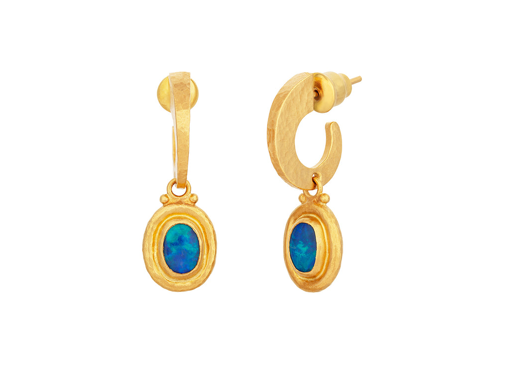 GURHAN, GURHAN Muse Gold Opal Single Drop Earrings, 8x6mm Oval set in Wide Frame, Hoop Post Top