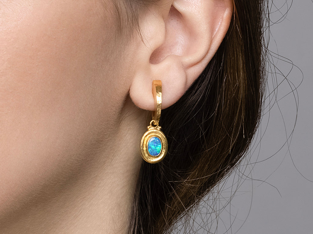 GURHAN, GURHAN Muse Gold Opal Single Drop Earrings, 8x6mm Oval set in Wide Frame, Hoop Post Top