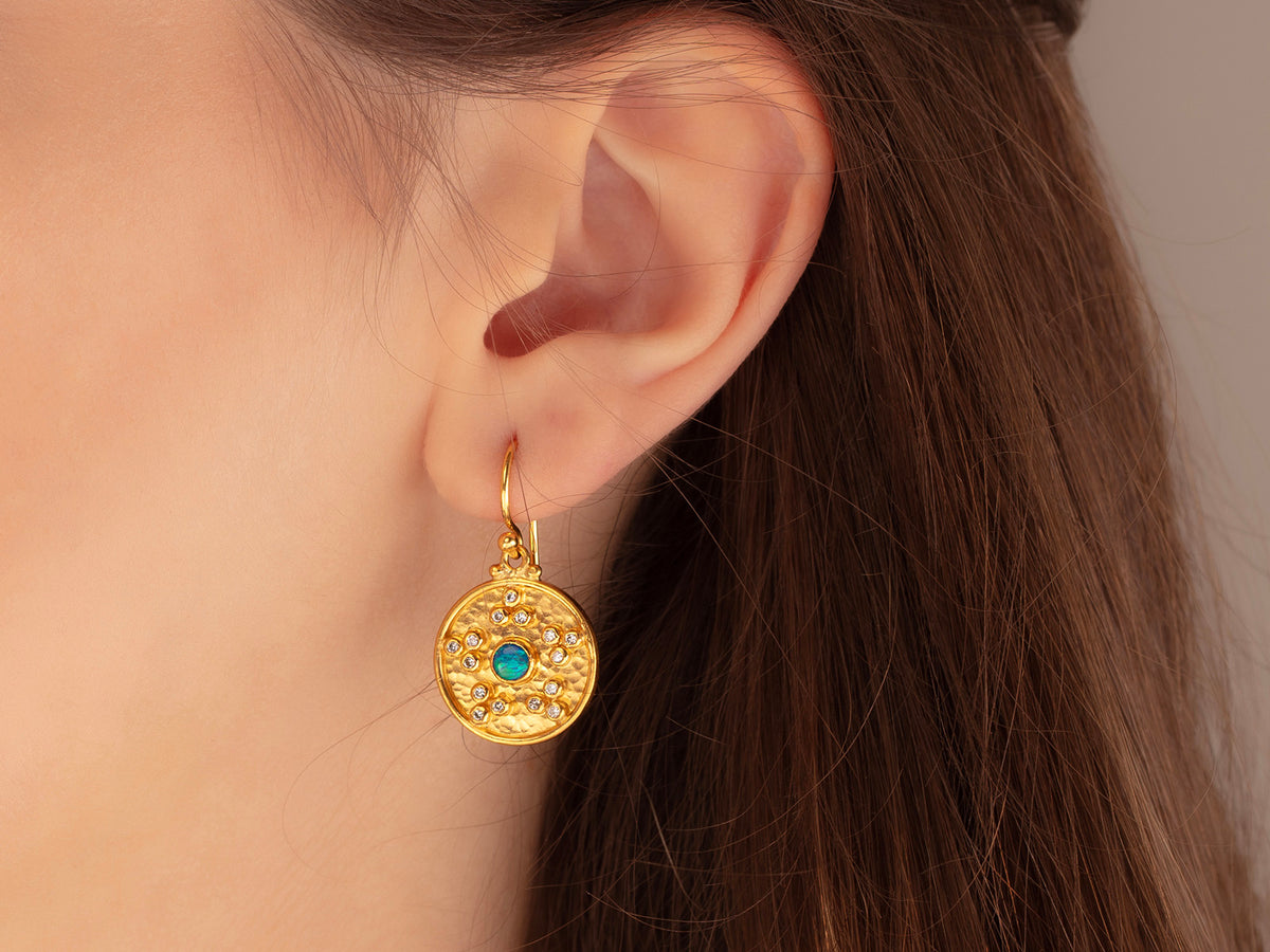 GURHAN, GURHAN Muse Gold Single Drop Earrings, 17mm Round Medallion on Wire Hook, Opal