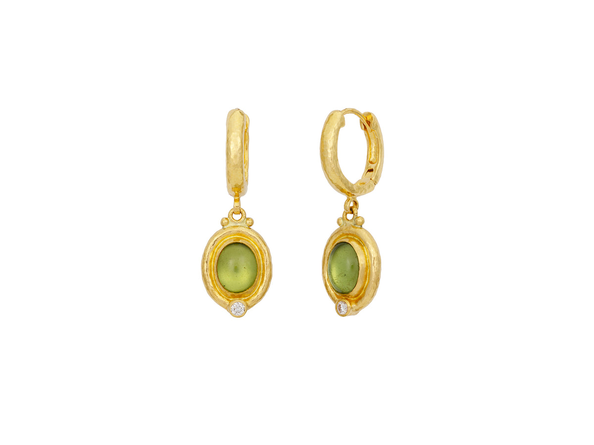 GURHAN, GURHAN Muse Gold Single Drop Earrings, 9x7mm Oval set in Wide Frame, Hoop Top, Peridot and Diamond