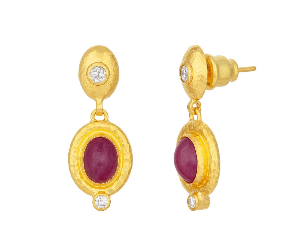 GURHAN, GURHAN Muse Gold Ruby Single Drop Earrings, 8x6mm Oval set in Wide Frame