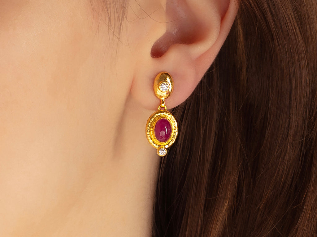 GURHAN, GURHAN Muse Gold Ruby Single Drop Earrings, 8x6mm Oval set in Wide Frame