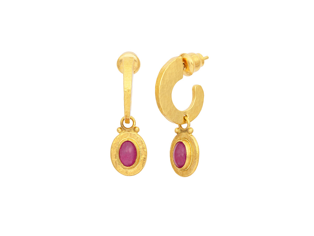 GURHAN, GURHAN Muse Gold Ruby Single Drop Earrings, 7x5mm Oval set in Wide Frame, Hoop Post Top