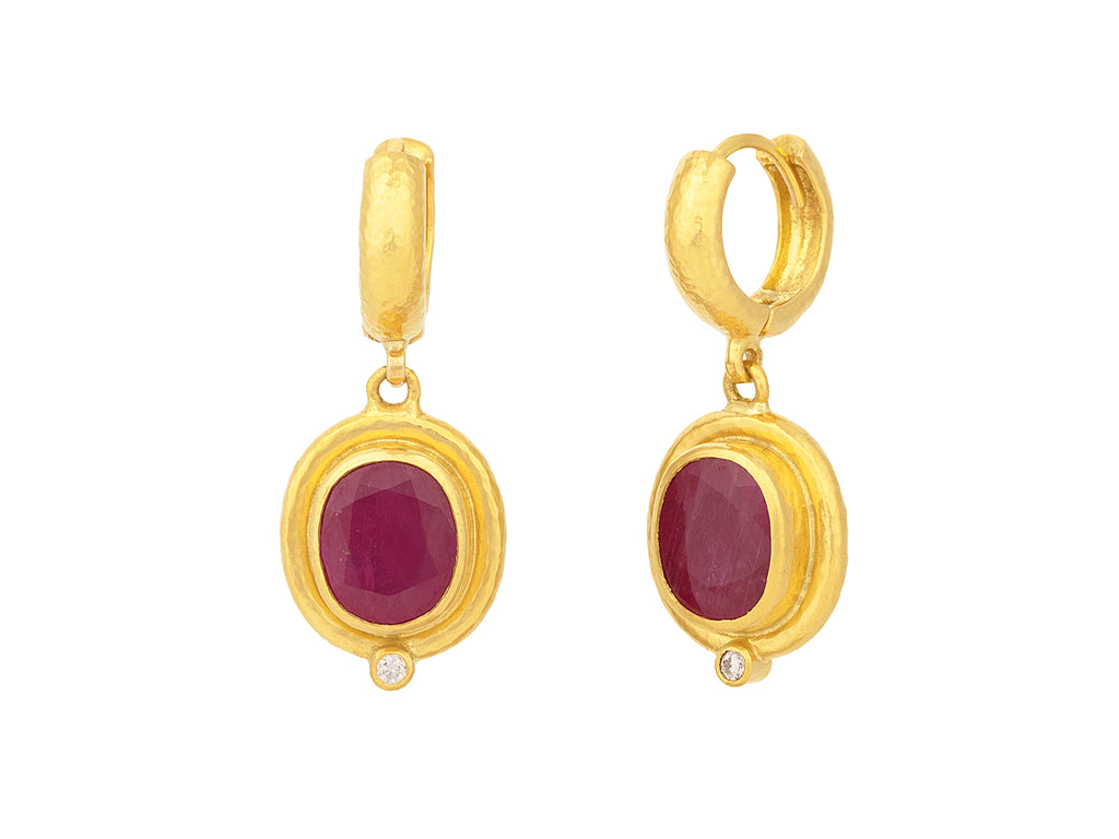 GURHAN, GURHAN Muse Gold Ruby Single Drop Earrings, 10x8mm Oval Stone set in Wide Frame, Huggie Hoop