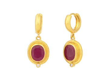 GURHAN, GURHAN Muse Gold Ruby Single Drop Earrings, 10x8mm Oval Stone set in Wide Frame, Huggie Hoop