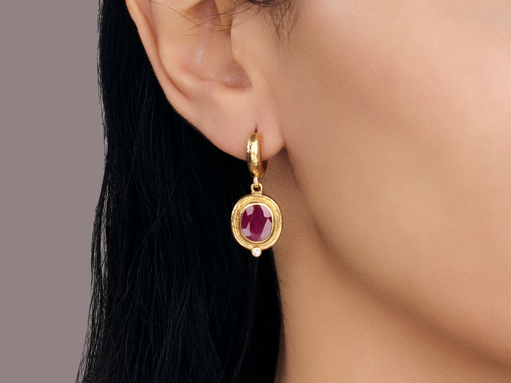 GURHAN, GURHAN Muse Gold Ruby Single Drop Earrings, 10x8mm Oval Stone set in Wide Frame, Huggie Hoop